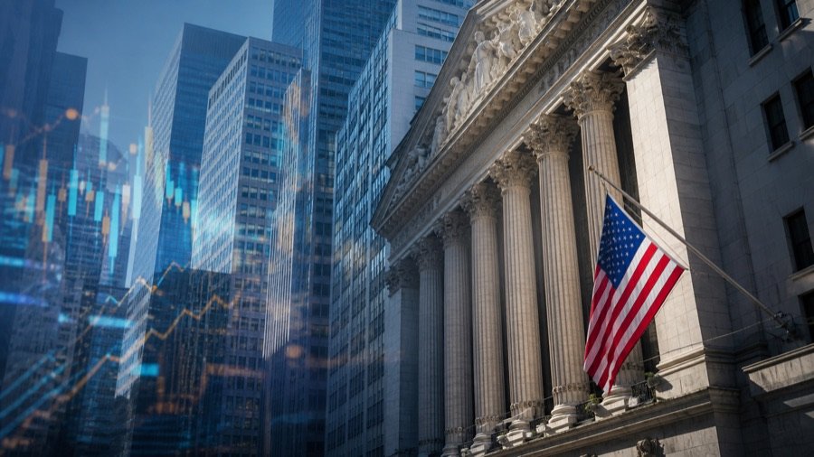 Edificio financiero con bandera estadounidense y gráficos de mercado